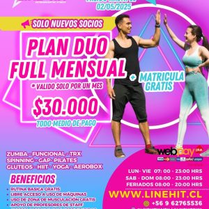 Socios nuevos / SUPER PROMO PLAN DUO FULL MENSUAL $30.000 + MATRICULA GRATIS ( Sede Maipú)