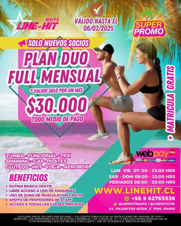 Socios nuevos / SUPER PROMO PLAN DUO FULL MENSUAL $30.000 + MATRICULA GRATIS ( Sede Maipú)