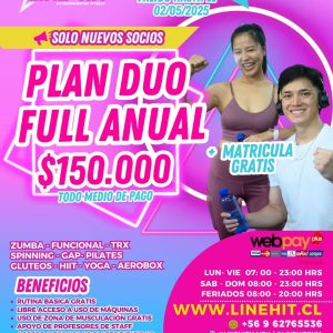 Socios Nuevos/ PROMO PLAN DUO FULL ANUAL $150.000 + MATRICULA GRATIS (Sede Maipú)