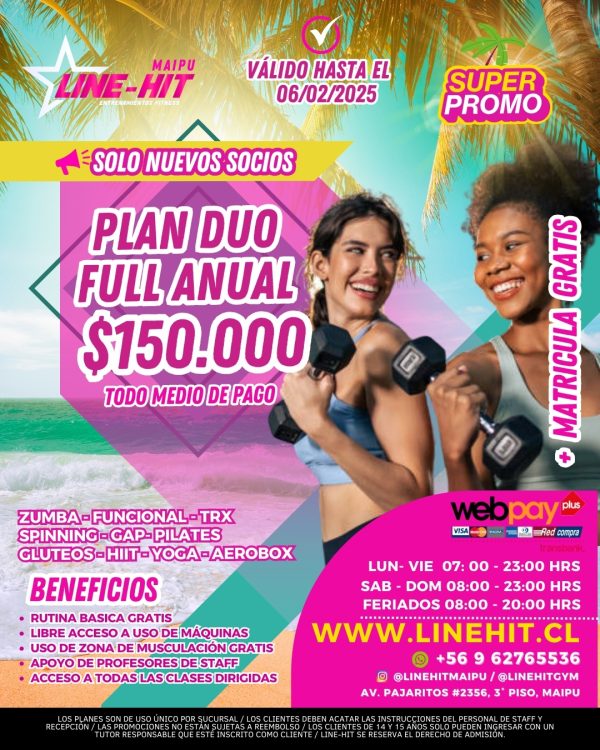 Socios Nuevos/ PROMO PLAN DUO FULL ANUAL $150.000 + MATRICULA GRATIS (Sede Maipú)