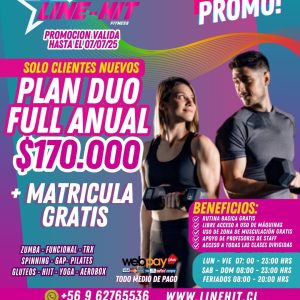 Socios Nuevos/ PROMO PLAN DUO FULL ANUAL $170.000 + MATRICULA GRATIS (Sede Maipú)