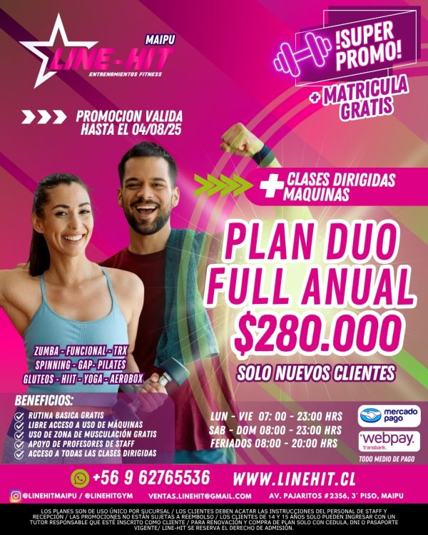 Socios Nuevos/ PROMO PLAN DUO FULL ANUAL $280.000 + MATRICULA GRATIS (Sede Maipú)