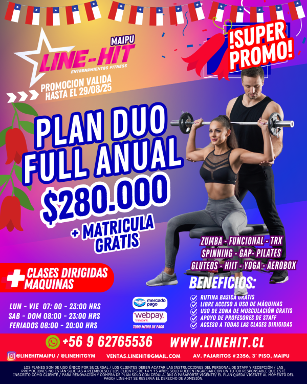 Socios Nuevos/ PROMO PLAN DUO FULL ANUAL $280.000 + MATRICULA GRATIS (Sede Maipú)