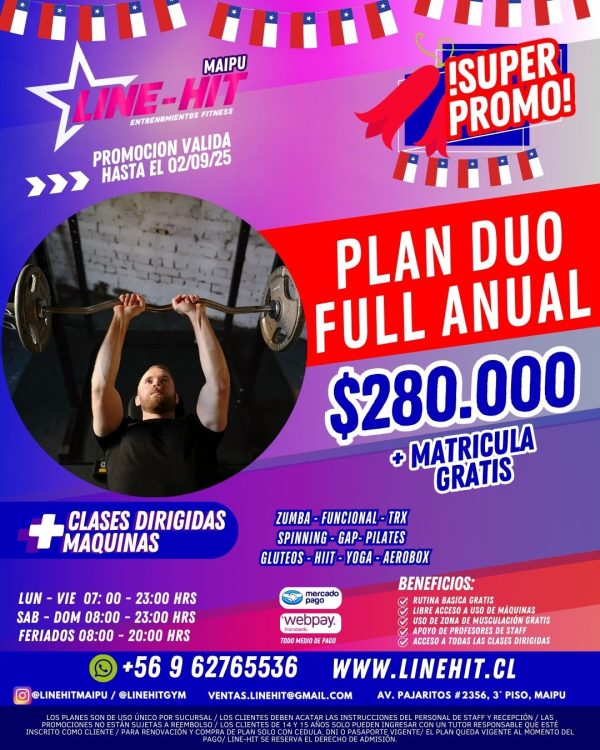 Socios Nuevos/ PROMO PLAN DUO FULL ANUAL $280.000 + MATRICULA GRATIS (Sede Maipú)